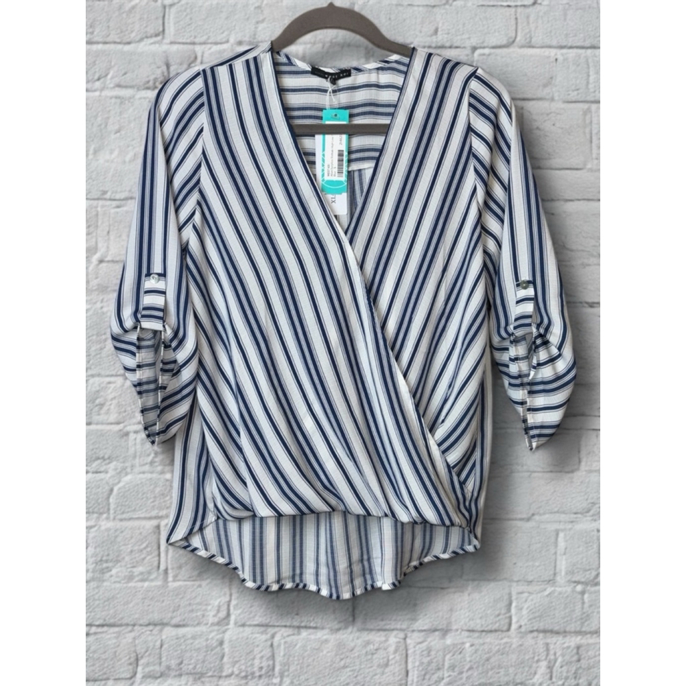 West Kei Women’s Small Allan Surplice Rolltab High Low Blouse Corporate Chic NWT